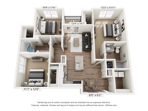Floor plan for 3 beds, 2 baths, 1267 sqft